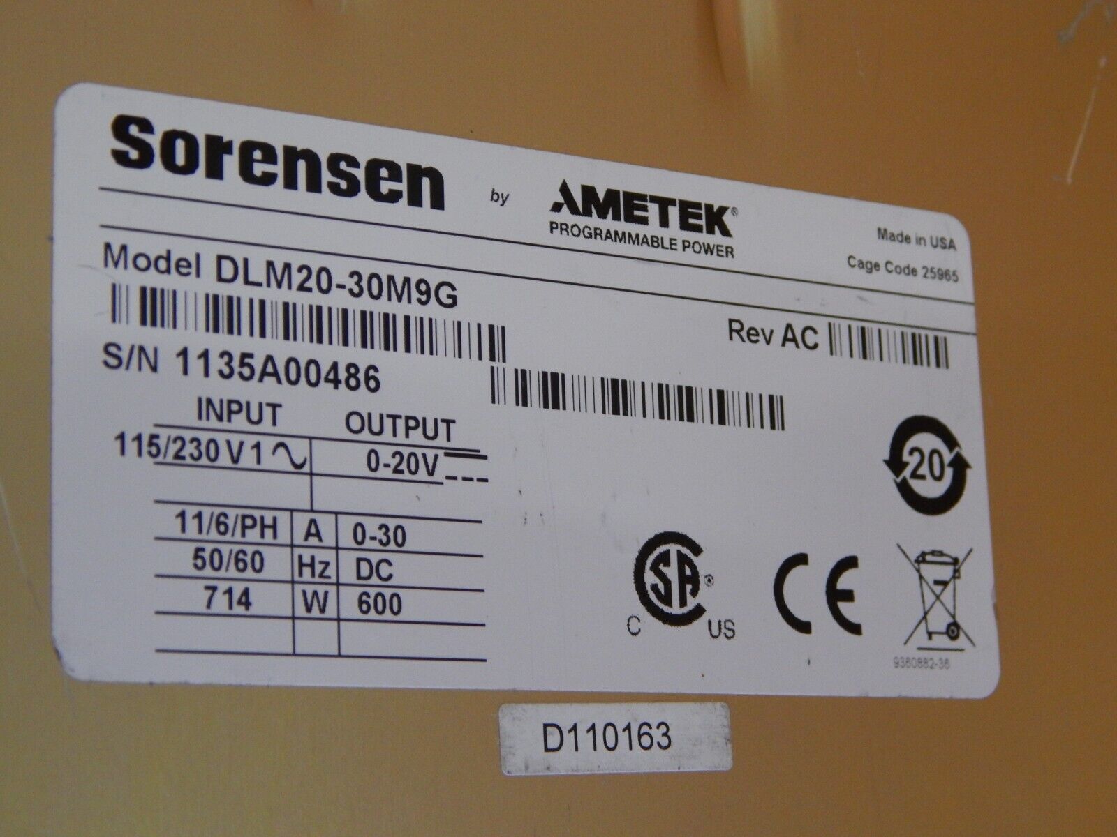 Sorensen Power Supply DLM 20-30 M9G (GPIB), 20Vdc 30A (4 in stock) Sorensen Power Supply DLM 20-30 M9G (GPIB), 20Vdc 30A (4 in stock)